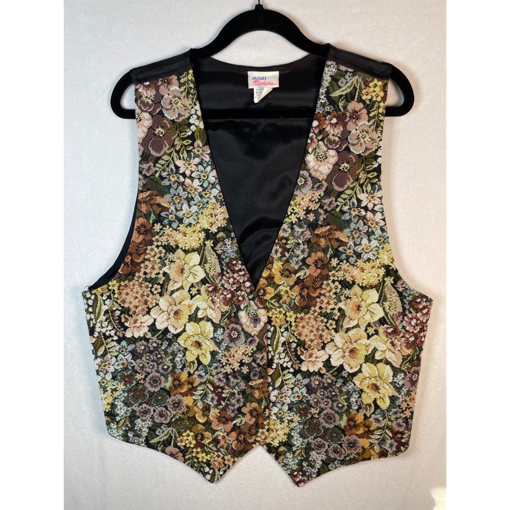 vintage 90s avon fashions floral tapestry taffeta vest LG forest fairy ren faire